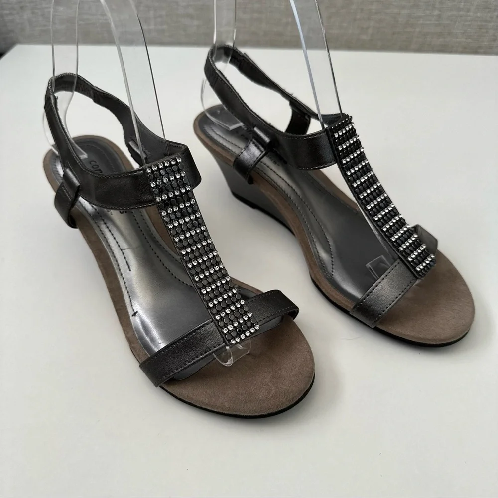 Comfort Plus Rhinestone Detail Silver Dressy Special Occasion Wedges Size 5W